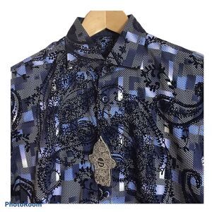 VISCONTI BLACK Mens Small FLOCKED Navy Blue Paisley Geometric LS Shirt $145